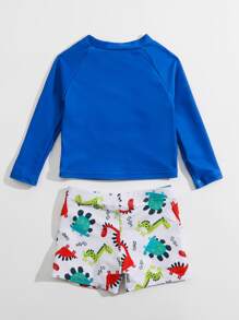 Baby Boy Cartoon Dinosaur Print Raglan Sleeve Swimsuit - Blue and White - View 2