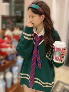 Jersey con letra & con patrón de rayas de hombros caídos sin camisa - Verde - Ver 1