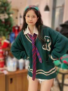 Jersey con letra & con patrón de rayas de hombros caídos sin camisa - Verde - Ver 3