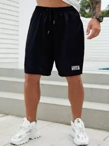 Manfinity Homme 男士標語貼布細節腰部抽繩短褲 - 黑色 - 查看 1