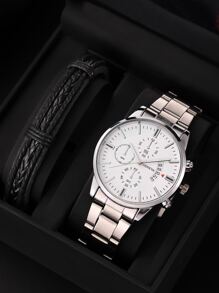 1 pieza Reloj de cuarzo con correa de acero y pantalla de fecha para hombre, reloj versátil de negocios, casual y deportivo al aire libre + 1 pieza Pulsera