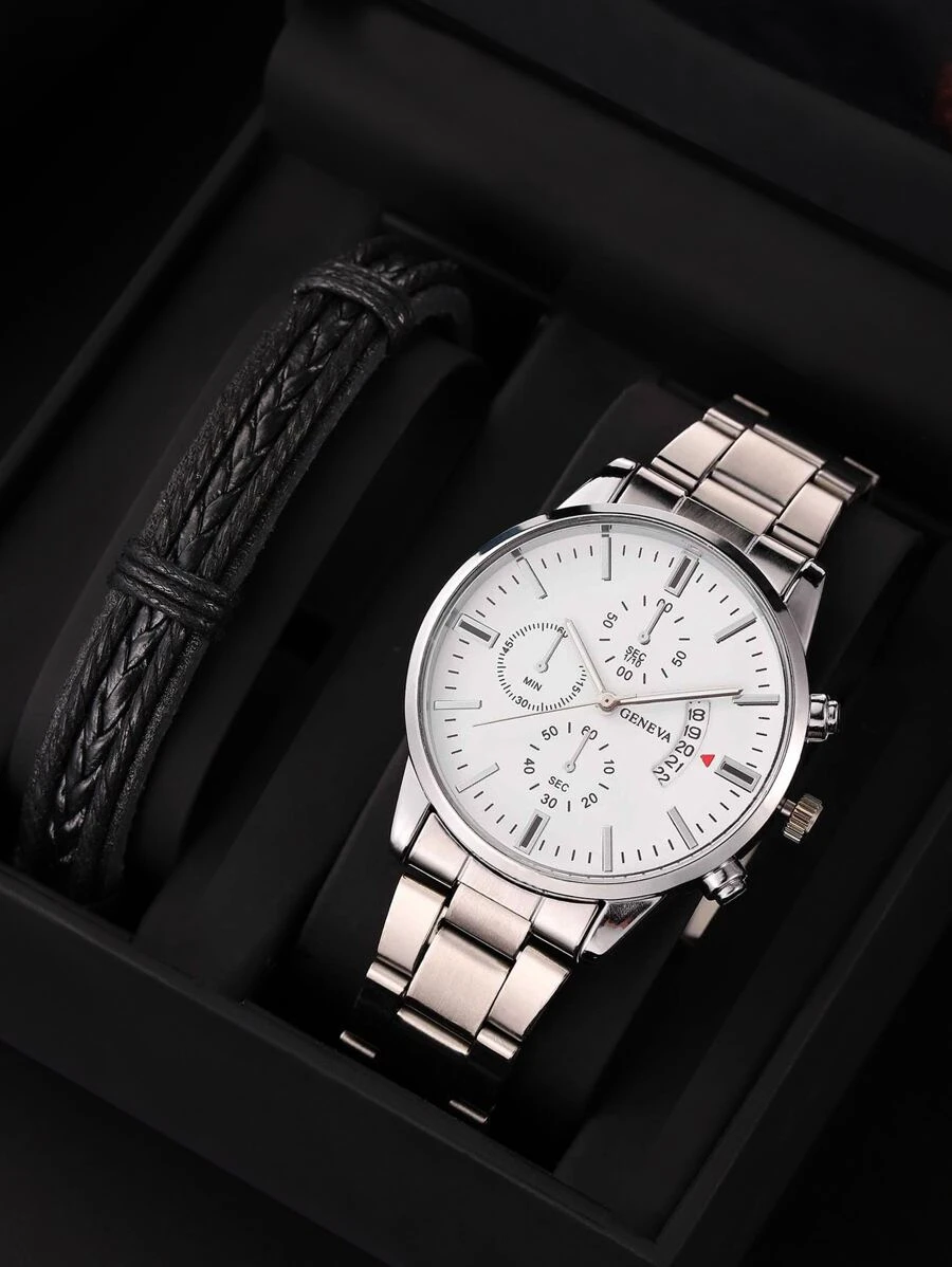 1 pieza Reloj de cuarzo con correa de acero y pantalla de fecha para hombre, reloj versátil de negocios, casual y deportivo al aire libre + 1 pieza Pulsera