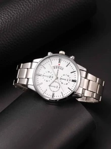 1 pieza Reloj de cuarzo con correa de acero y pantalla de fecha para hombre, reloj versátil de negocios, casual y deportivo al aire libre + 1 pieza Pulsera