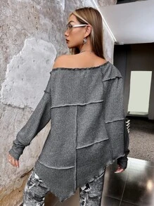 SHEIN ICON Press Crease Drop Shoulder Lettuce Trim Tee - Dark Grey - View 2