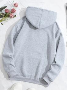 SHEIN EZwear Letter Graphic Kangaroo Pocket Drawstring Thermal Hoodie - Light Grey - View 2