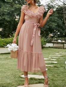 Simplee Vestido ribete con fruncido con cinturón de malla jacquard - Rosa vieja - Ver 4