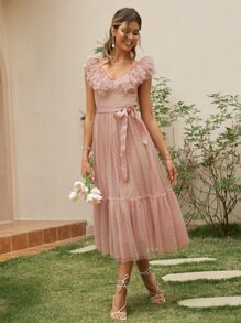 Simplee Vestido ribete con fruncido con cinturón de malla jacquard - Rosa vieja - Ver 1