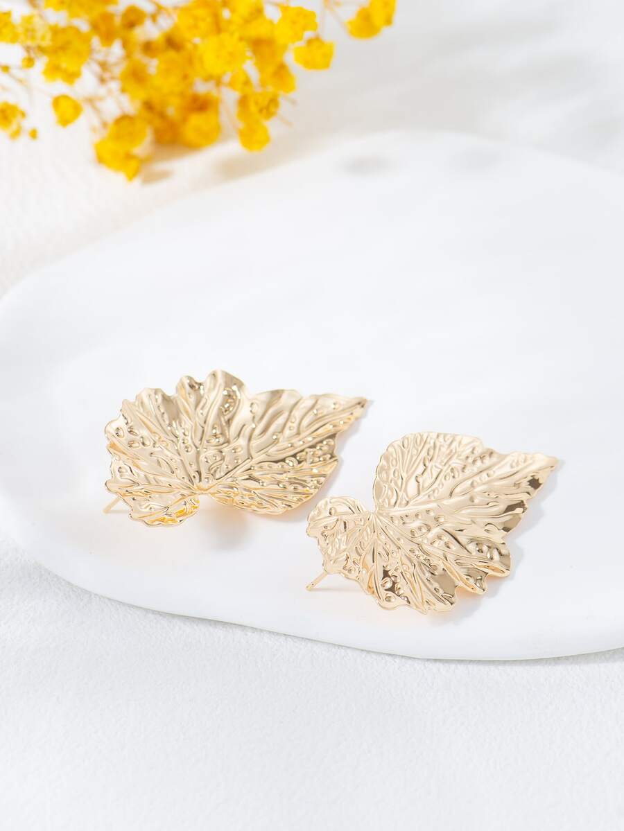樹葉設計耳釘 - 金黃色 - 查看 1