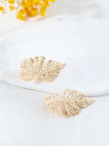 樹葉設計耳釘 - 金黃色 - 查看 2