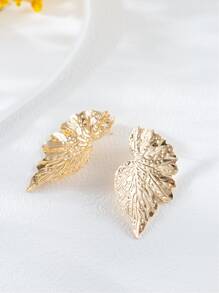 樹葉設計耳釘 - 金黃色 - 查看 3
