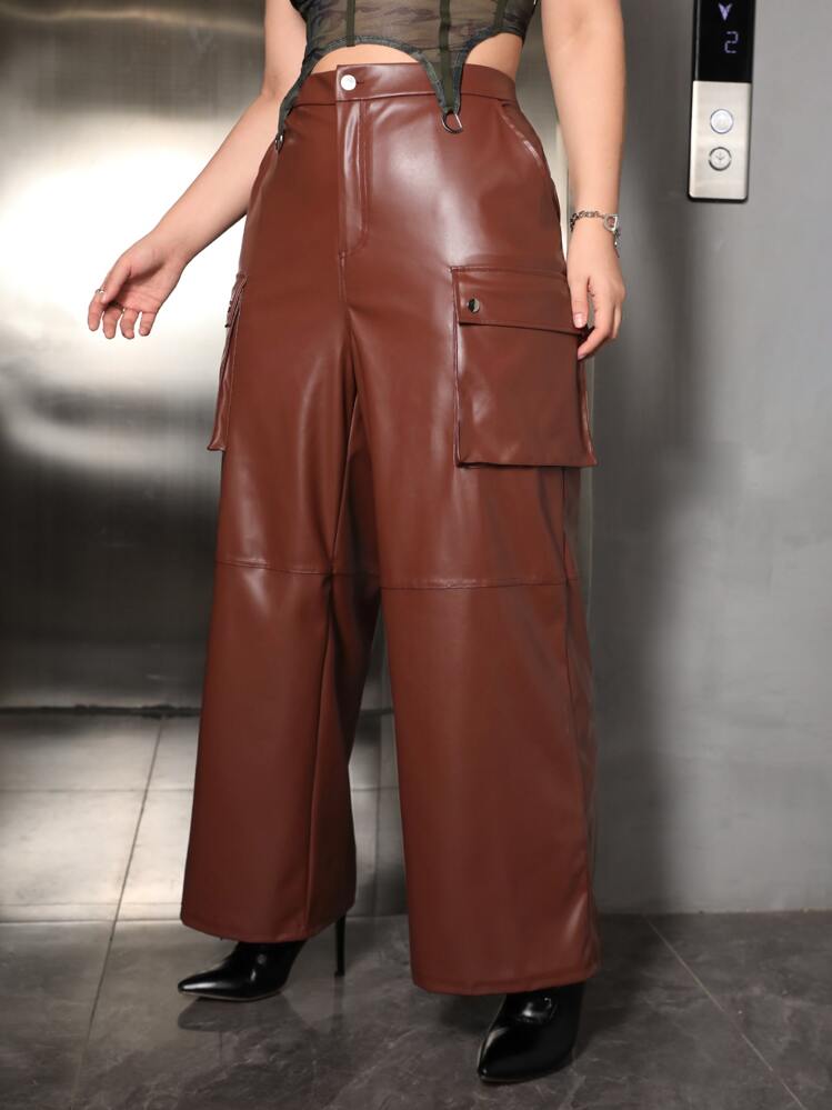 SHEIN ICON Plus Flap Pocket Side PU Leather Pants - Coffee Brown - View 2