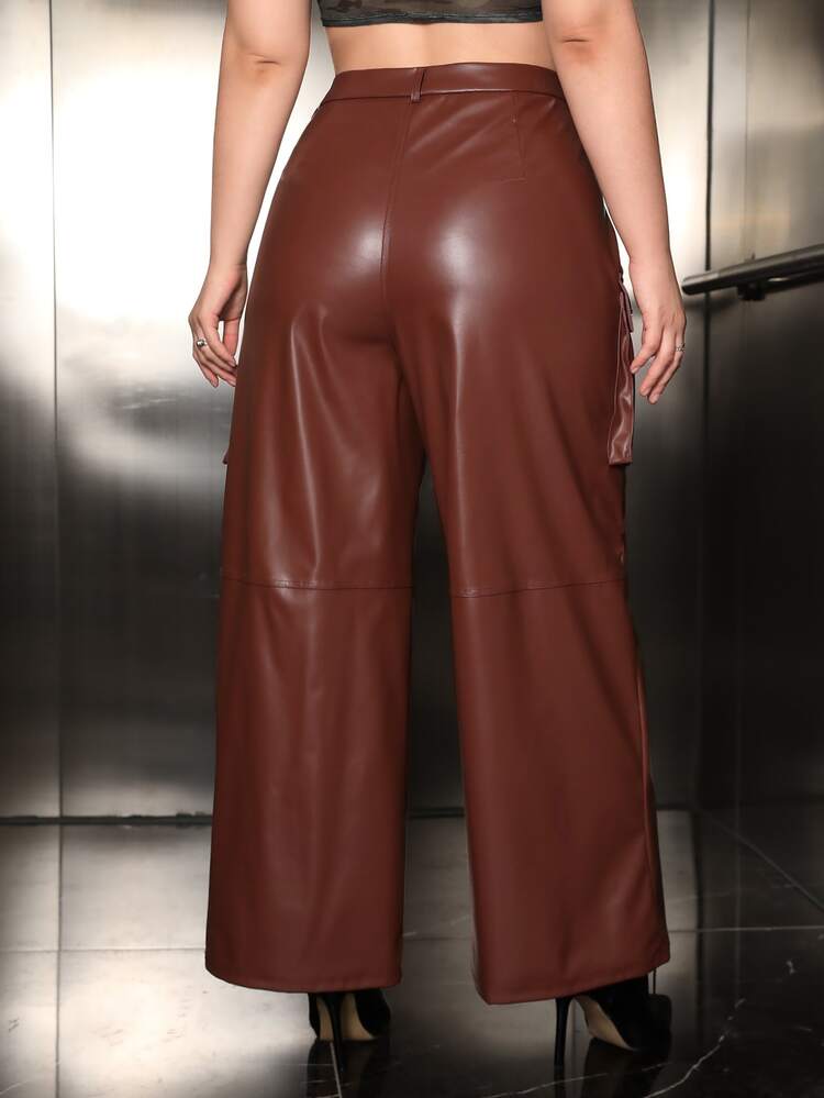 SHEIN ICON Plus Flap Pocket Side PU Leather Pants - Coffee Brown - View 3