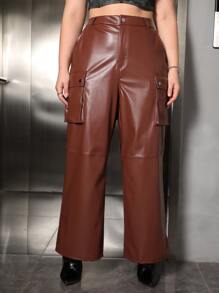 SHEIN ICON Pantalones con bolsillo lateral con solapa PU - Café integral - Ver 1
