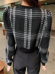 DAZY Plaid Pattern Puff Sleeve Sweatshirt - Black - View 2