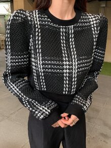 DAZY Plaid Pattern Puff Sleeve Sweatshirt - Black - View 6