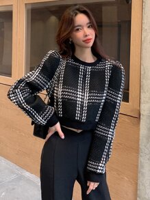 DAZY Plaid Pattern Puff Sleeve Sweatshirt - Black - View 7