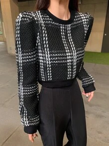 DAZY Plaid Pattern Puff Sleeve Sweatshirt - Black - View 8