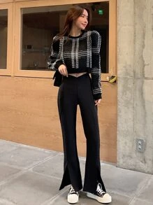 DAZY Plaid Pattern Puff Sleeve Sweatshirt - Black - View 9