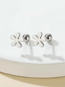2pcs Flower Design Stud Earrings - Silver - View 1