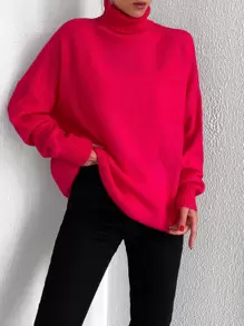 EURMUSE Turtleneck Drop Shoulder Jumper - Hot Pink - View 1
