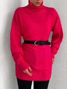 EURMUSE Turtleneck Drop Shoulder Jumper - Hot Pink - View 3