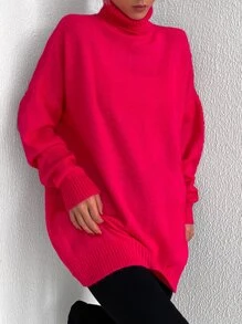 EURMUSE Turtleneck Drop Shoulder Jumper - Hot Pink - View 4