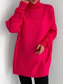 EURMUSE Turtleneck Drop Shoulder Jumper - Hot Pink - View 5