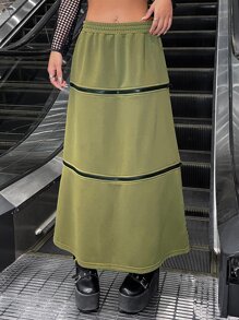 SHEIN ICON 拼接拉鍊織帶超長半身裙