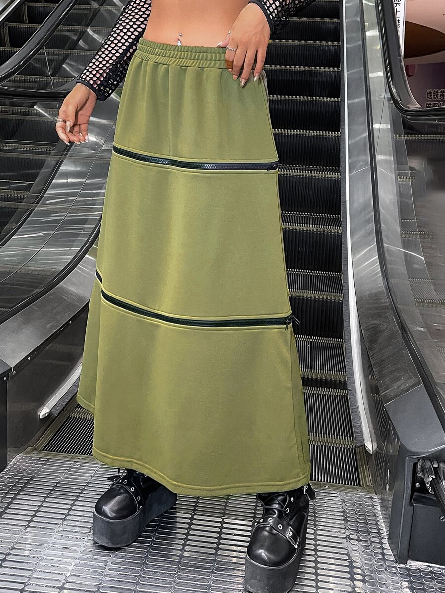 SHEIN ICON 拼接拉鍊織帶超長半身裙