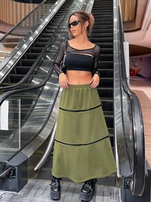 SHEIN ICON 拼接拉鍊織帶超長半身裙