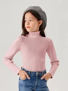 SHEIN Girls Solid Turtleneck Jumper - Pink - View 1