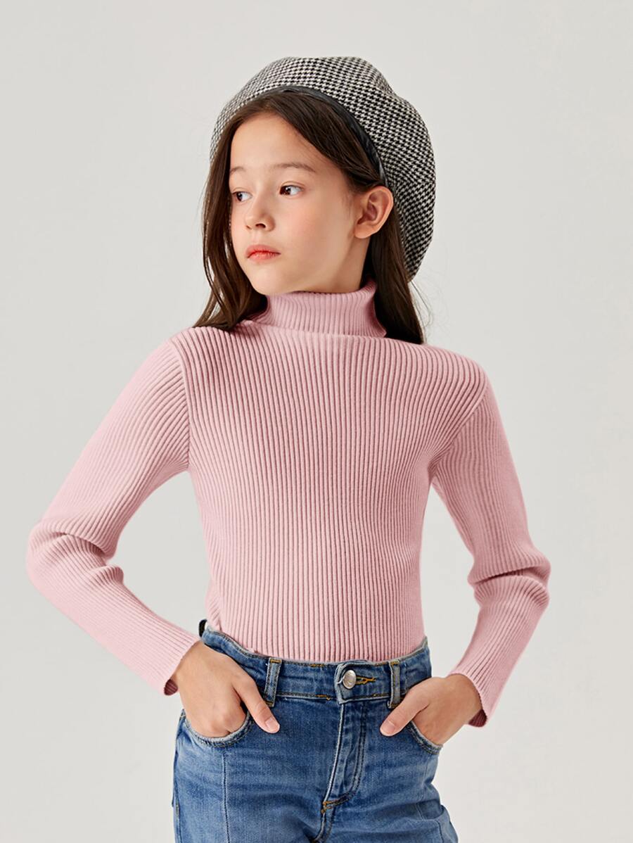 SHEIN Girls Solid Turtleneck Jumper - Pink - View 1