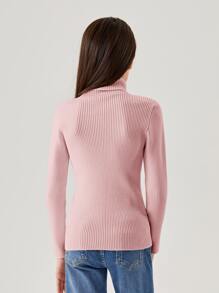 SHEIN Girls Solid Turtleneck Jumper - Pink - View 2