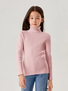SHEIN Girls Solid Turtleneck Jumper - Pink - View 3