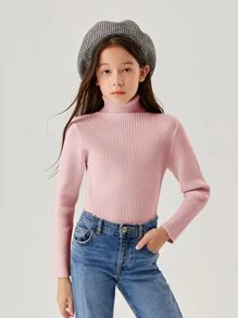 SHEIN Girls Solid Turtleneck Jumper - Pink - View 4