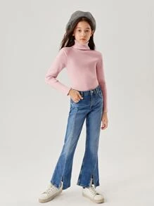 SHEIN Girls Solid Turtleneck Jumper - Pink - View 5