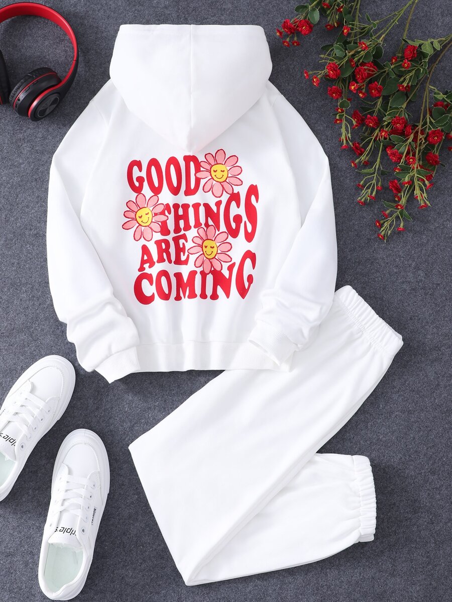 Chicas Pantalones deportivos con capucha con estampado floral con slogan - Blanco - Ver 1