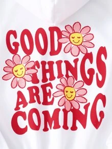 Chicas Pantalones deportivos con capucha con estampado floral con slogan - Blanco - Ver 5