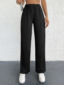EURMUSE Solid Elastic Waist Straight Leg Pants - Black - View 1
