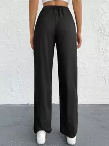 EURMUSE Solid Elastic Waist Straight Leg Pants - Black - View 2