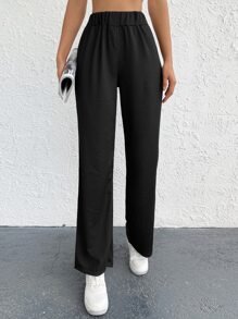 EURMUSE Solid Elastic Waist Straight Leg Pants - Black - View 4