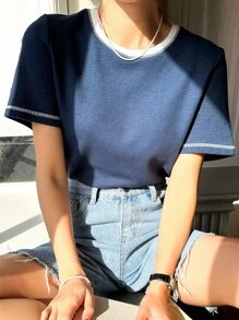 DAZY 頂針圓領T恤 - 藏蓝色 - 查看 1