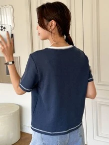 DAZY 頂針圓領T恤 - 藏蓝色 - 查看 2