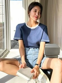 DAZY 頂針圓領T恤 - 藏蓝色 - 查看 6