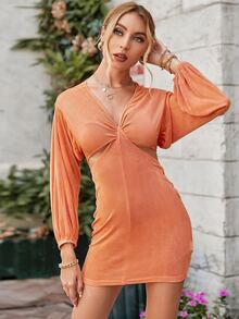 Simplee Solid Cut Out Waist Bodycon Dress - Coral Orange - View 5