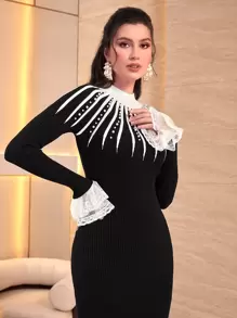 Modelyn Contrast Lace Flounce Sleeve Jumper Dress - Black - View 4