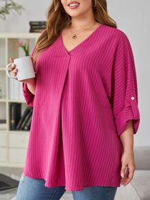SHEIN LUNE 大碼捲邊袖褶皺襯衫 - 中紫紅色 - 查看 3