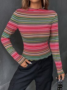 SHEIN EZwear Camiseta de rayas combinadas de cuello alto - Multicolor - Ver 1