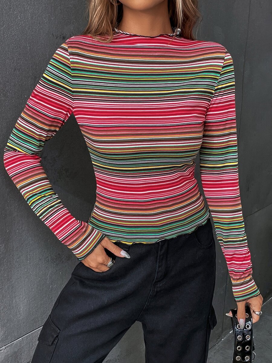 SHEIN EZwear Camiseta de rayas combinadas de cuello alto - Multicolor - Ver 1