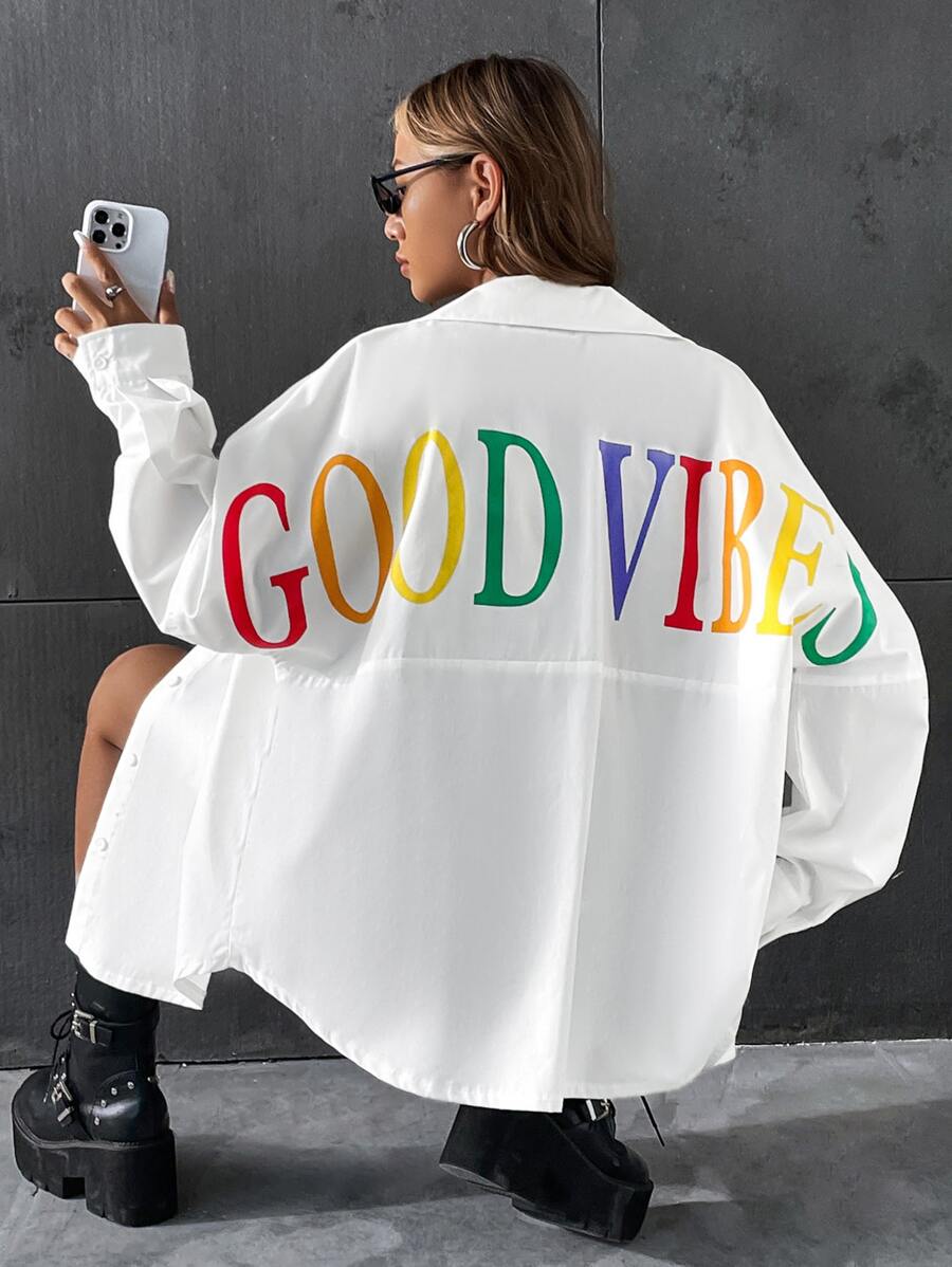 SHEIN EZwear 字母圖案落肩袖襯衫